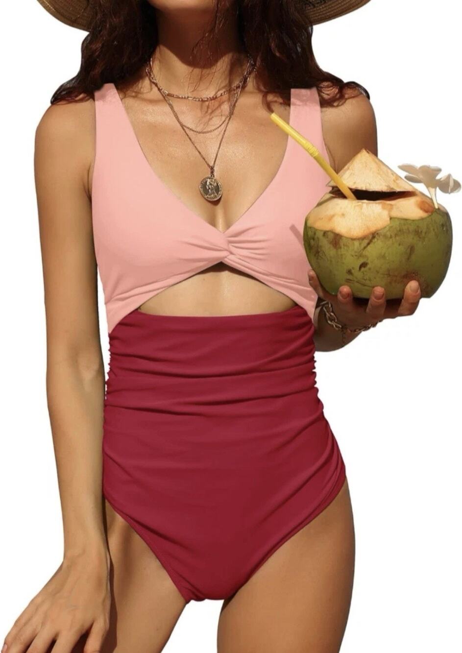Charmo Women's Colorblock One-Piece Swimsuit Cutout Back Pink/Red Size M